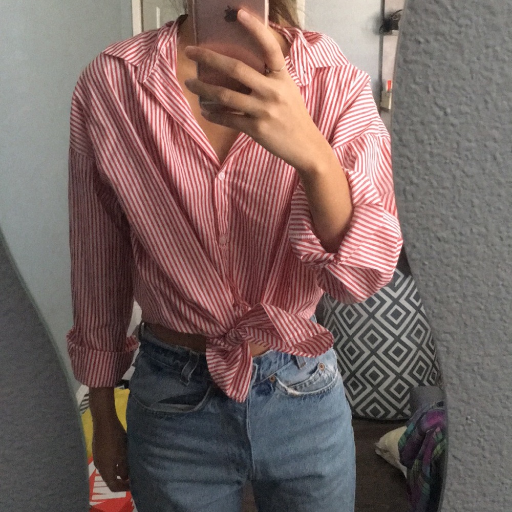 Oversized red striped dress shirt